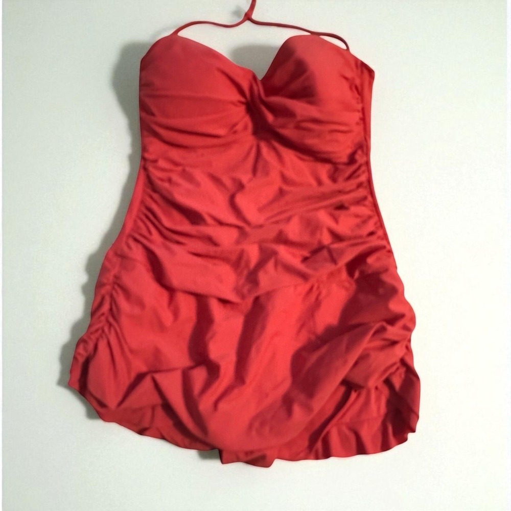 Coral One-Piece Ruched Halter Swimsuit With Padded Cups Gathered Detailing & Ful